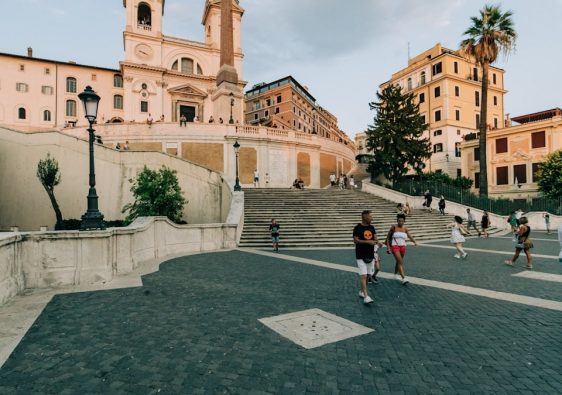 A wide angle view of the Spanish Steps in Rome, Italy, during Covid-19 lockdown