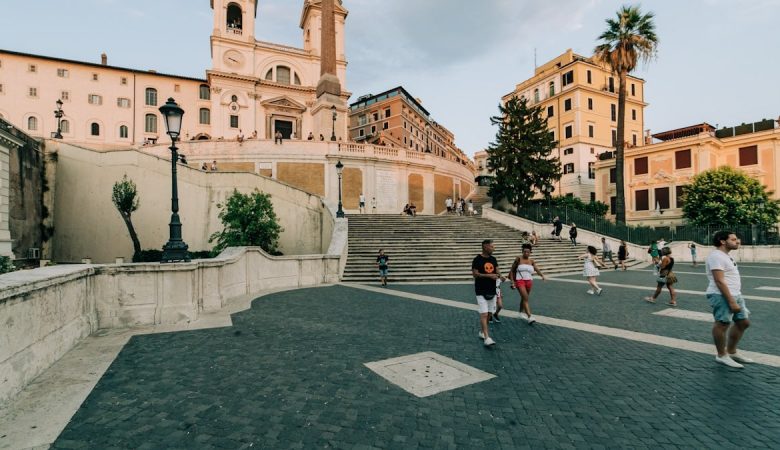 A wide angle view of the Spanish Steps in Rome, Italy, during Covid-19 lockdown
